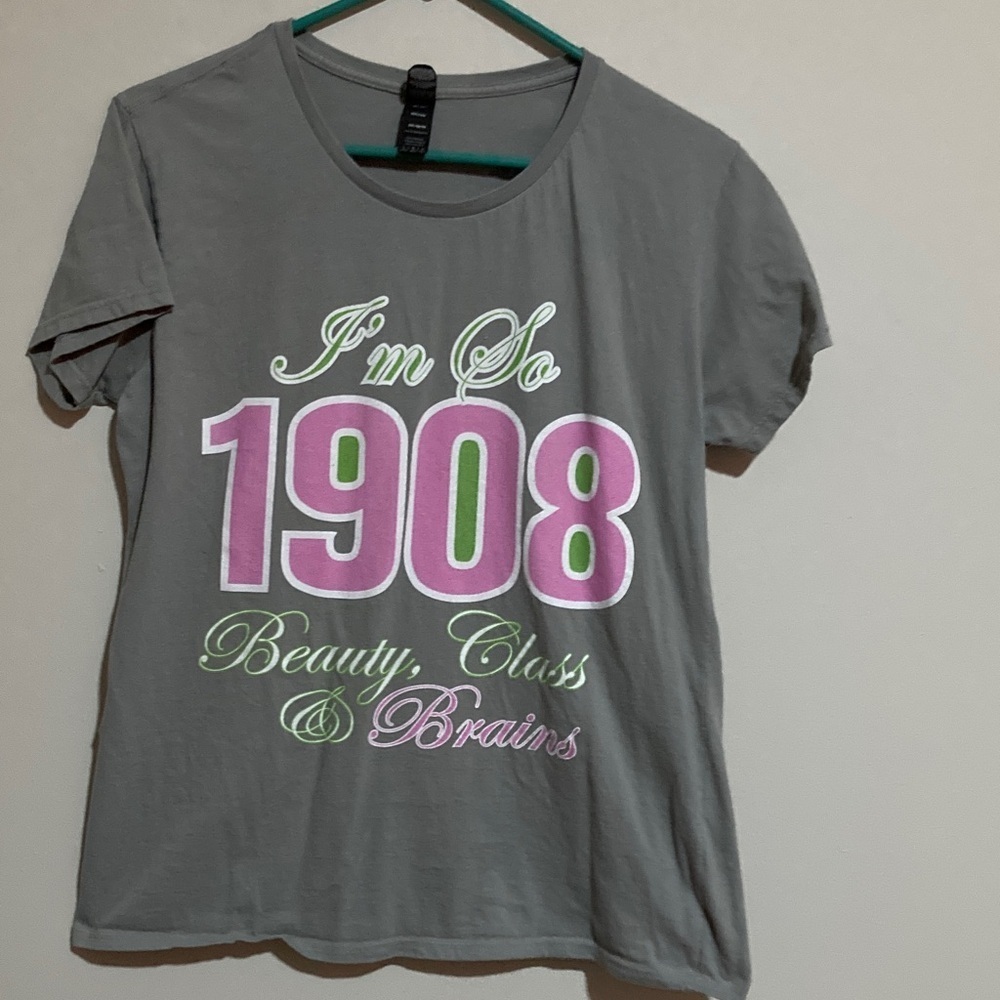 Anvil Gray Tee with Pink and Green Print